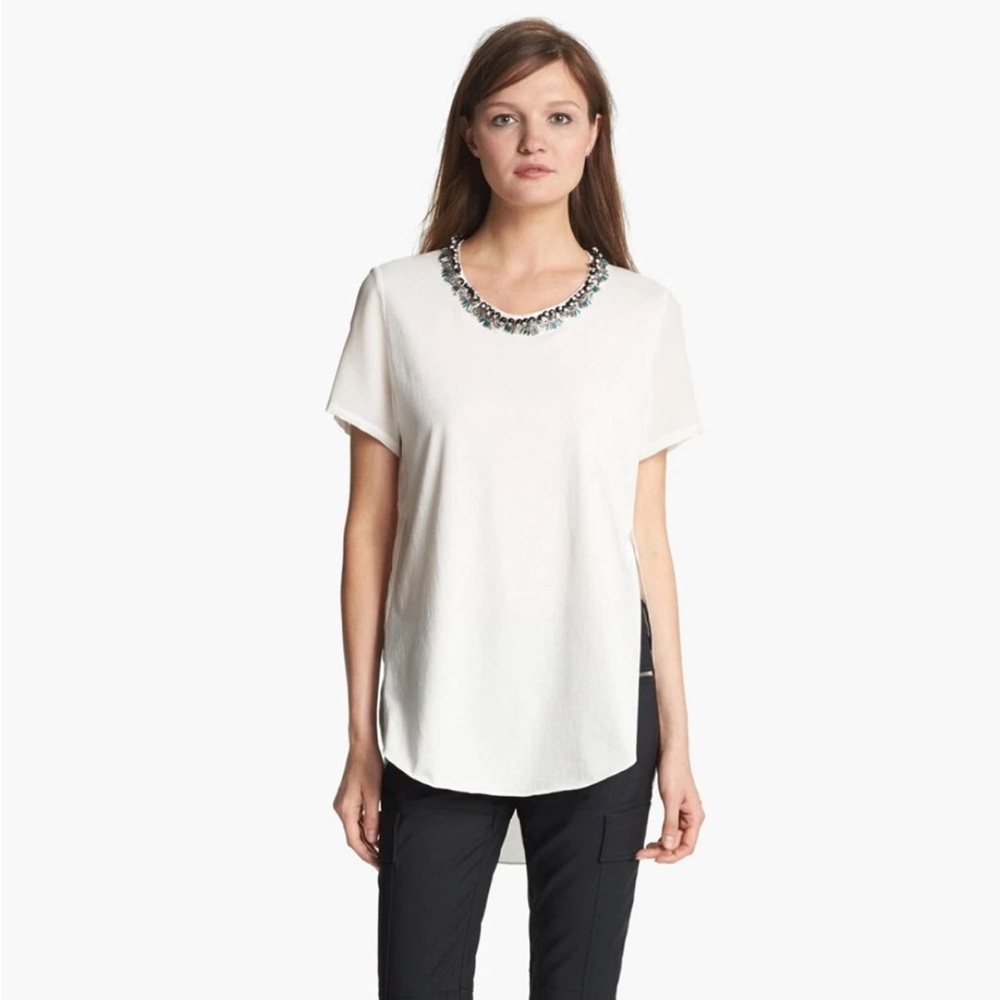3.1 Phillip Lim Overlap Side Seam Crystal & Beaded Silk Top Shirt Ivory Size 4